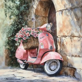 Vászonkép Canvas Rózsaszín Robogó Vespa Virágok Fal Vintage Retro 40x40