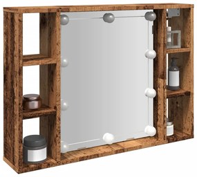 antik fa színű szerelt fa tükrös szekrény LED-ekkel 76x15x55 cm