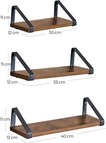 3 darabos fali polc szett, rusztikus barna 30/35/40cm