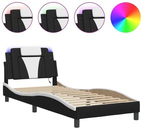 fekete és fehér műbőr ágykeret LED-világítással 90 x 200 cm