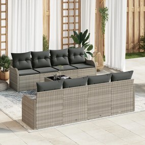 9 Részes Kerti Kanapé Szett Párnákkal Világosszürke Poli Rattan, 2-Fős Kerti Kanapé Párnákkal Világosszürke Poli Rattan
