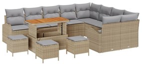 12 db-os Kerti Kanapé Szett Párnákkal Bézs Poli Rattan Akác, 3 db-os Kerti Étkező Szett Párnákkal Bézs Poli Rattan Akác, 2-Fős Kerti Kanapé Párnákkal Bézs Poli Rattan