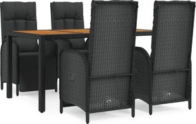 vidaXL 5 részes fekete polyrattan kerti étkezőgarnitúra párnákkal