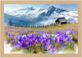 Poszter Keret Fa Krokusok Hegyek Kunyhó Tisztás Tavasz Tájkép 60x40