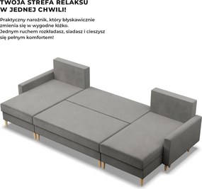 Etna U alakú sarokkanapé, 3 ágyneműtartóval, bársony, univerzális oldal, bonell töltet, világosszürke