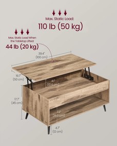 VASAGLE emelhető lapú dohányzóasztal rejtett tárolóval,  50 x 100 x 45 cm/58,5 cm, tevebarna