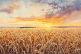 Vászonkép Canvas Tájkép Falu Mező Gabona Aratás Nyugat Nap 60x40