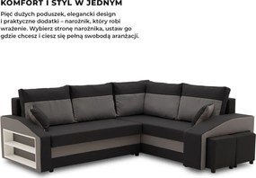 Grande sarokkanapé polcokkal és puffokkal , polc a bal karfaban puffok a jobb karfaban, jobboldali, szövet anyag, bonell töltet, fekete - szürke