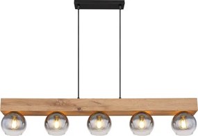 Globo 15656-5H Függeszték fém fekete matt, MDF fa hatású sötét, üveg füstszínű, átlátszó, kábeltextil fekete, állítható magasságú (függőlámpa), HxSzxM.: 1150x150x1200mm, nem tartozék: 5x E27 40W 230V