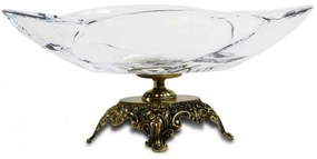 Masszív vastag fodros üveg bonbonier tál barokkos aranysárga míves sárgaréz talpon 14x33x23cm