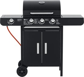 Outsunny Gázgrill 3 fő égővel + 1 oldalsó égővel, tárolópolccal, rozsdamentes acél, fekete