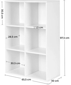 3 szintes könyvespolc, tárolópolc 6 rekesszel, fehér