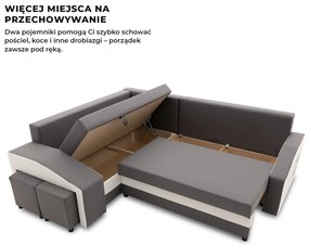 Grande sarokkanapé polcokkal és puffokkal , polc a jobb karfaban puffok a bal karfaban, baloldali, szövet anyag, hab töltet, szürke - fehér