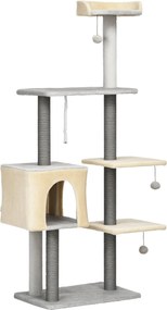 PawHut 156 cm magas macska kaparófa pihenőággyal, házzal, juta kaparófákkal, fából és plüssből, szürke és bézs | Aosom