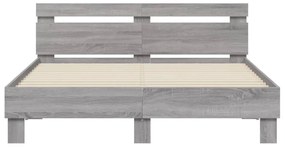 szürke sonoma színű ágykeret fejtámlával és LED-del 140x190 cm