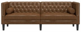 3 személyes barna műbőr Chesterfield kanapé hengerpárnákkal