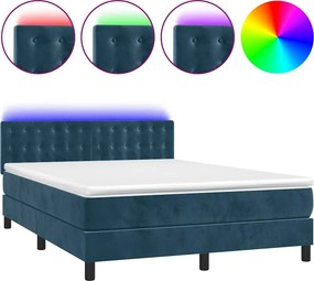 vidaXL sötétkék bársony rugós és LED-es ágy matraccal 140x190 cm