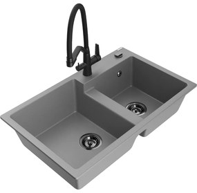 Mexen Tomas gránit konyhai mosogató 2 rekeszes, Duo csapteleppel, szürke - 6516-71-671701-70-B