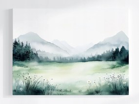 Poszter Akvarell Tájkép Hegyek Rét Virágok Tavasz Köd 100x75