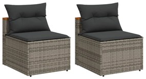 2 db szürke polyrattan karfa nélküli kerti kanapé párnákkal
