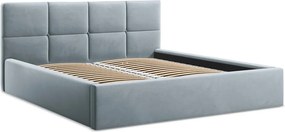 Világoskék bársony kárpitozott ágyneműtartós franciaágy ágyráccsal 140x200 cm Hiko – Makamii