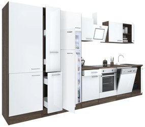 Yorki 370 konyhabútor yorki tölgy korpusz,selyemfényű fehér front alsó sütős elemmel polcos szekrénnyel és felülfagyasztós hűtős szekrénnyel