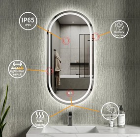 Erga Lyra, ovális LED tükör 50x100cm, 3 fényszín, első és hátsó világítás, páramentes fűtőpárna, ERG-V01-LYRA-5010-CL