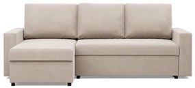 Zeus sarokkanapé, 2 ágyneműtartóval, egyenes kartámasz, bársony, univerzális oldal, hab töltet, bézs