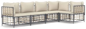 5 részes antracitszürke polyrattan kerti ülőgarnitúra párnákkal
