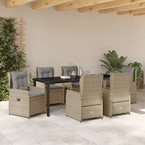 7 Darabos Kerti Étkezőszett Bézs Poli Rattan, Kerti Asztal Fekete 200x80x73 cm Edzett Üveg