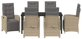 7 Darabos Kerti Étkezősor Párnákkal Bézs Poli Rattan, Kerti Asztal Fekete 160x80x73 cm Edzett Üveg