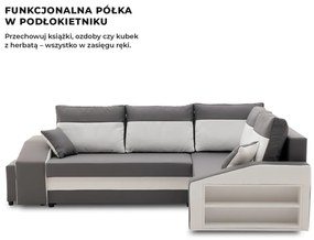 Grande sarokkanapé polcokkal és puffokkal , polc a jobb karfaban puffok a bal karfaban, jobboldali, szövet anyag, hab töltet, szürke - fehér