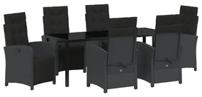 7 darabos kert étkezőgarnitúra párnákkal fekete poli rattan, kert asztal fekete 200x80x73 cm edzett üveg