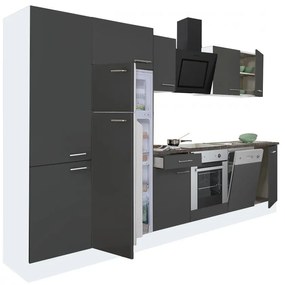 Yorki 340 konyhabútor fehér korpusz,selyemfényű antracit front alsó sütős elemmel polcos szekrénnyel és felülfagyasztós hűtős szekrénnyel