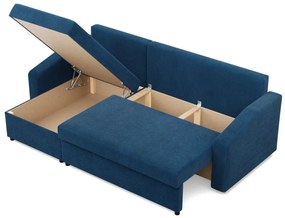 Zeus sarokkanapé, 1 ágyneműtartóval, döntött kartámasz, kordbársony, univerzális oldal, hab töltet, kék