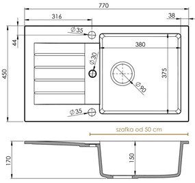 Mosogató Quality Natalie, konyhai gránit mosogató 770x450x170 mm + arany szifon, fekete, SKQ-NAT.C.1KDO.XG