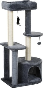 PawHut Macska Fának Természetes Szizál Kaparóoszlopokkal, Kaparópárnákkal, Játékközponttal, Rejtekhellyel, Platformokkal és 2 Lógó Játékoszóval - Szür