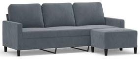 3 személyes sötétszürke bársony kanapé lábtartóval 180 cm