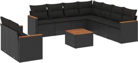 vidaXL 10 részes fekete polyrattan kerti ülőgarnitúra párnákkal