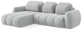 Világosszürke buklé kinyitható-tárolóhelyes sarokkanapé (bal oldali-heverő résszel) Pele – Makamii