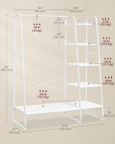Ruhatartó állvány cipőtartóval, 5 szintes tárolópolccal, 45 x 120 x 160 cm, fehér