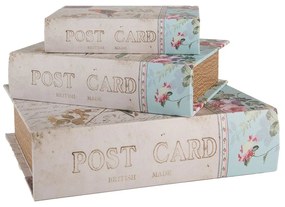 Madaras könyv alakú vintage fa tároló doboz szett 3 részes Post Card