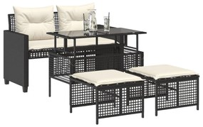 4 részes fekete polyrattan üveg kerti ülőgarnitúra párnával