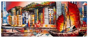 Kép - Victoria Harbour, Hong Kong, olajfestmény (120x50 cm)