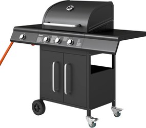 Outsunny 12,2 kW (kb. 41 600 BTU) 3+1 égős gázgrill kocsi, rozsdamentes acél, kerekekkel, oldalsó égővel, hőmérővel, melegentartó rácssal, oldalasztal