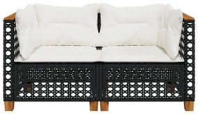 2 db fekete polyrattan kerti sarokkanapé párnákkal