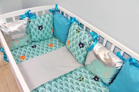 Baby Nellys ágy lökhárítóval a Shine ágynemű - erdő türkiz 120x90