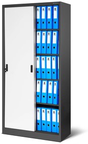 Fém iratszekrény polcokkal tolóajtókkal KUBA, 900 x 1850 x 400 mm, antracit-fehér