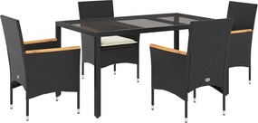 vidaXL 5 részes fekete polyrattan/üveg kerti étkezőgarnitúra párnákkal