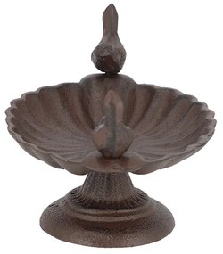 Öntöttvas madáretető és -itató, két kismadárral